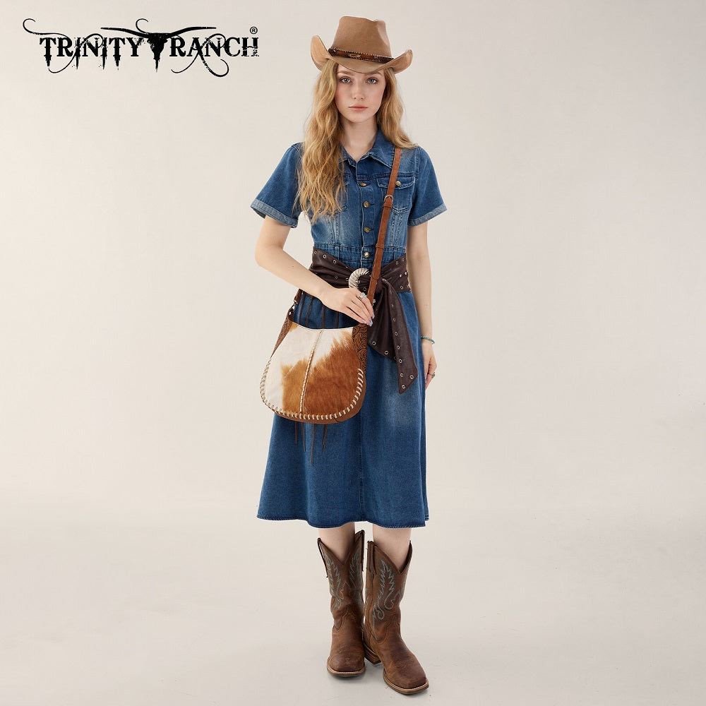 Trinity Ranch Cowhide ＆ Tooled Leather Hobo Crossbody Bag
