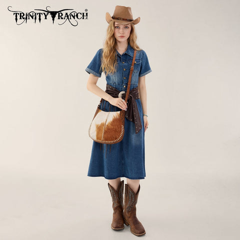 Trinity Ranch Cowhide ＆ Tooled Leather Hobo Crossbody Bag