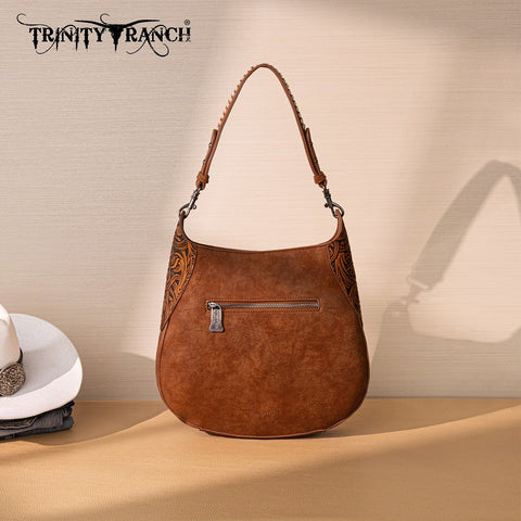 Trinity Ranch Cowhide ＆ Tooled Leather Hobo Crossbody Bag