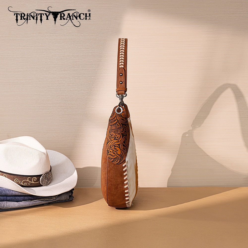 Trinity Ranch Cowhide ＆ Tooled Leather Hobo Crossbody Bag
