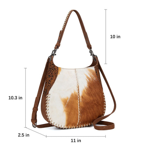 Trinity Ranch Cowhide ＆ Tooled Leather Hobo Crossbody Bag