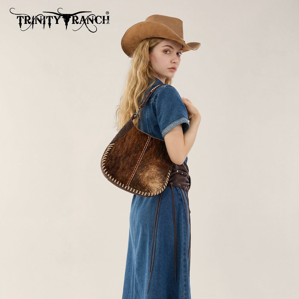 Trinity Ranch Cowhide ＆ Tooled Leather Hobo Crossbody Bag