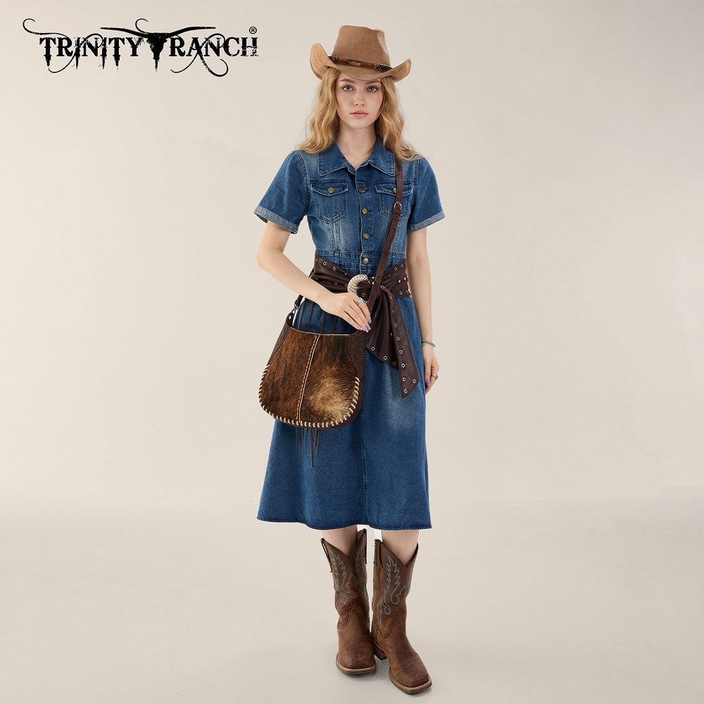Trinity Ranch Cowhide ＆ Tooled Leather Hobo Crossbody Bag