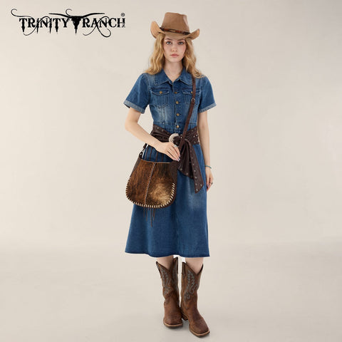 Trinity Ranch Cowhide ＆ Tooled Leather Hobo Crossbody Bag