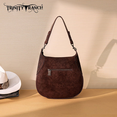 Trinity Ranch Cowhide ＆ Tooled Leather Hobo Crossbody Bag