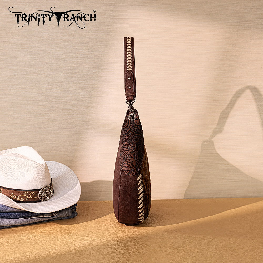 Trinity Ranch Cowhide ＆ Tooled Leather Hobo Crossbody Bag