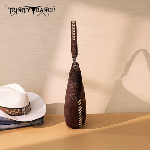 Trinity Ranch Cowhide ＆ Tooled Leather Hobo Crossbody Bag