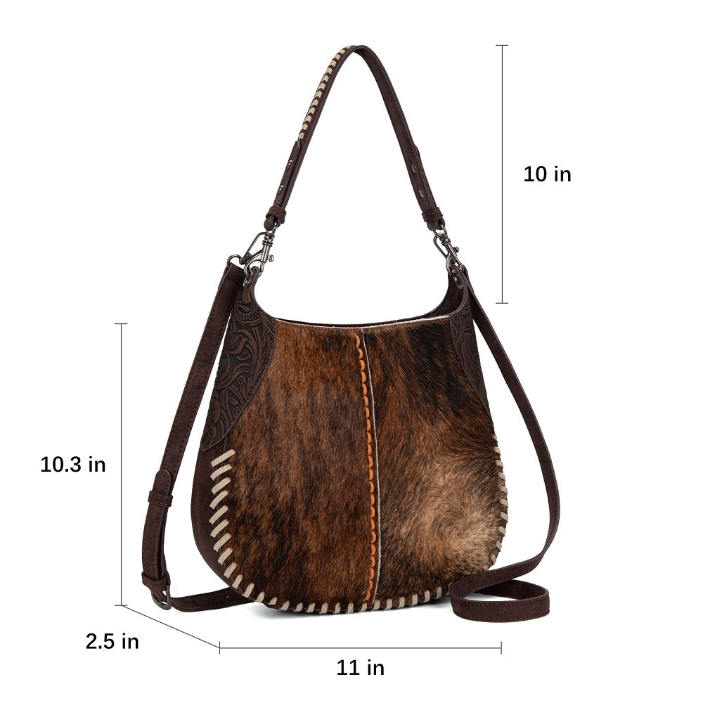 Trinity Ranch Cowhide ＆ Tooled Leather Hobo Crossbody Bag