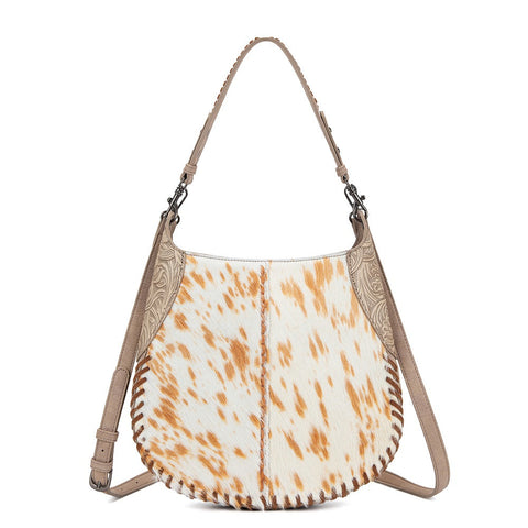 Trinity Ranch Cowhide ＆ Tooled Leather Hobo Crossbody Bag
