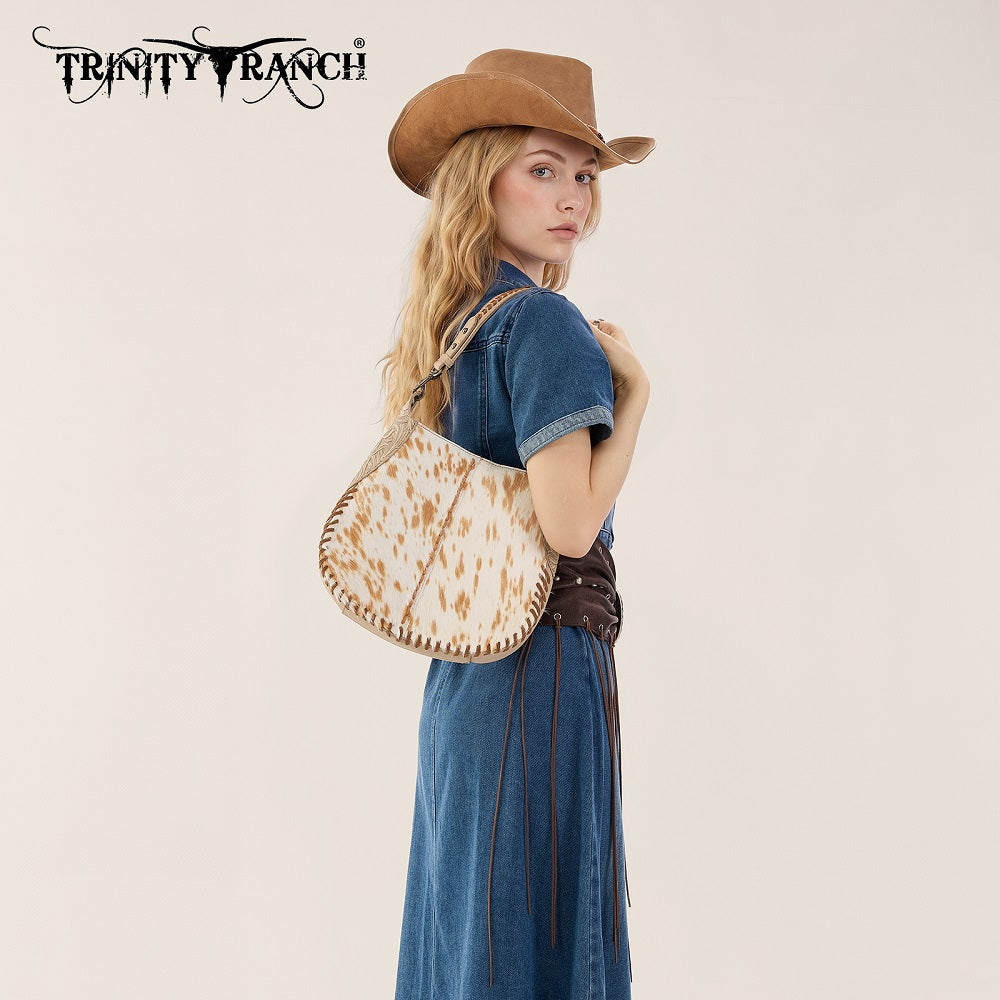 Trinity Ranch Cowhide ＆ Tooled Leather Hobo Crossbody Bag