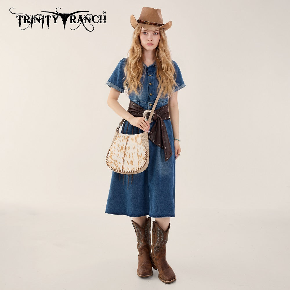 Trinity Ranch Cowhide ＆ Tooled Leather Hobo Crossbody Bag