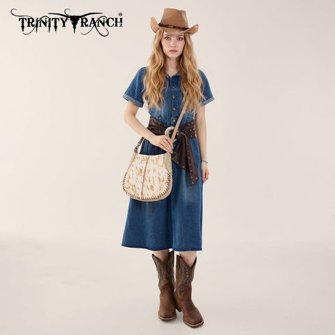 Trinity Ranch Cowhide ＆ Tooled Leather Hobo Crossbody Bag