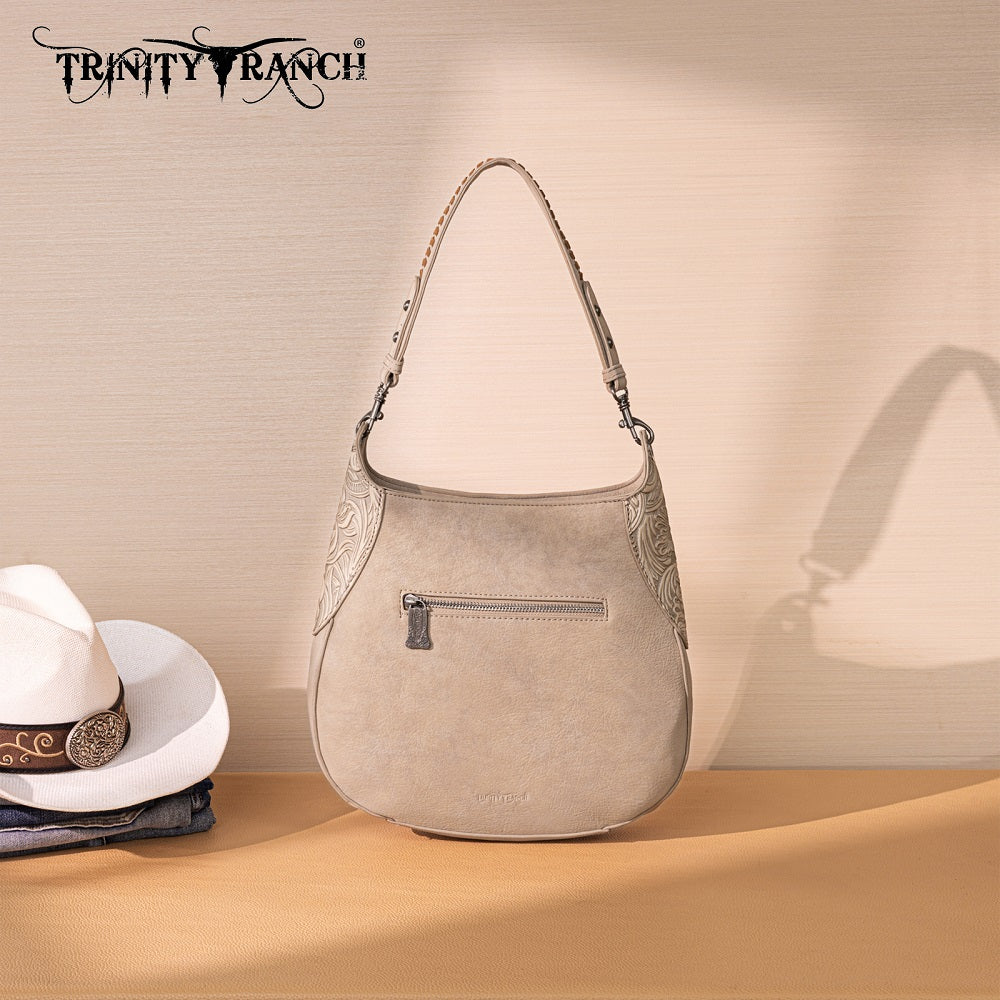 Trinity Ranch Cowhide ＆ Tooled Leather Hobo Crossbody Bag
