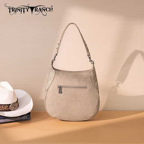 Trinity Ranch Cowhide ＆ Tooled Leather Hobo Crossbody Bag