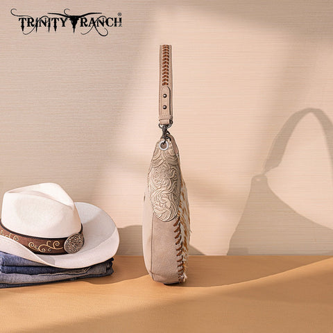 Trinity Ranch Cowhide ＆ Tooled Leather Hobo Crossbody Bag