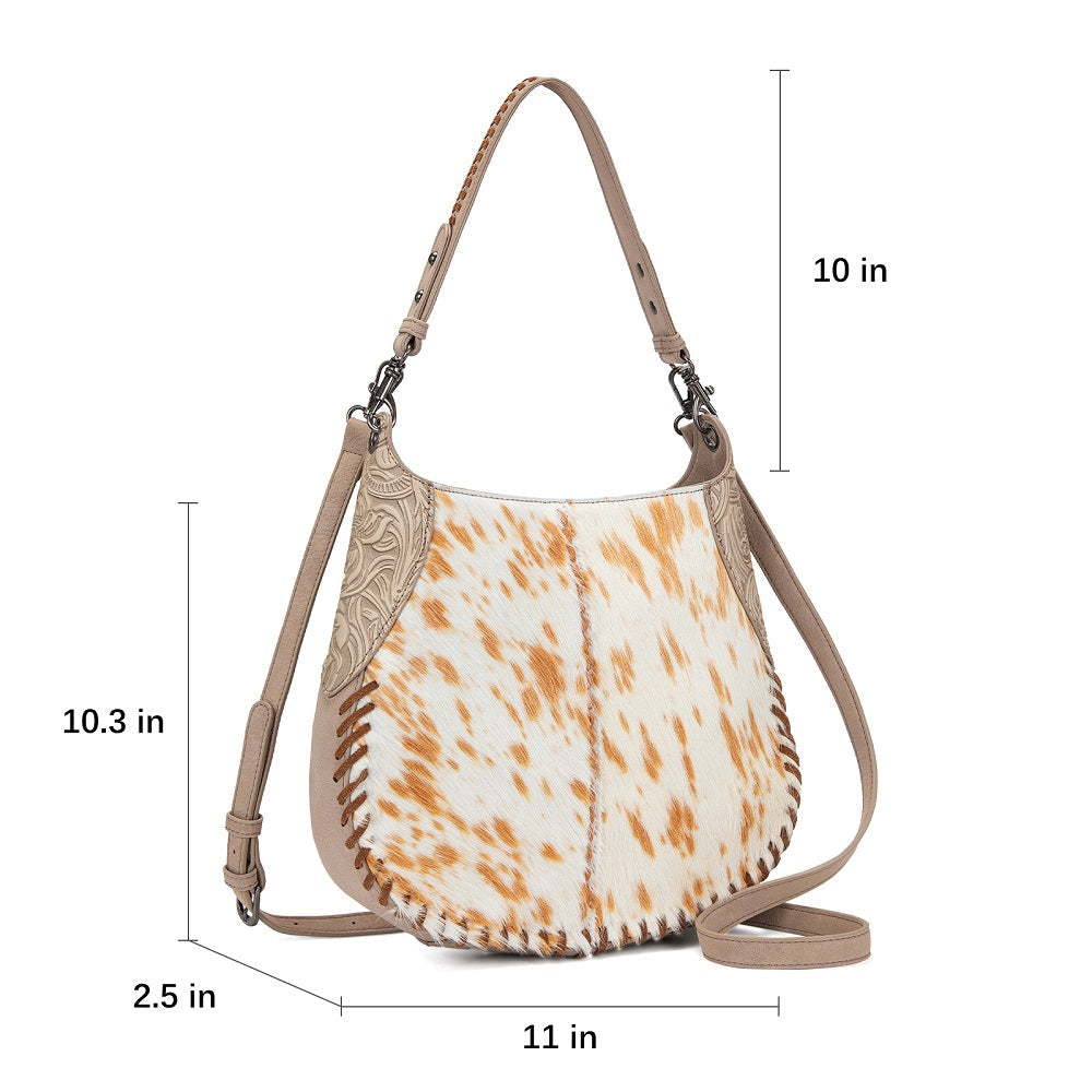 Trinity Ranch Cowhide ＆ Tooled Leather Hobo Crossbody Bag