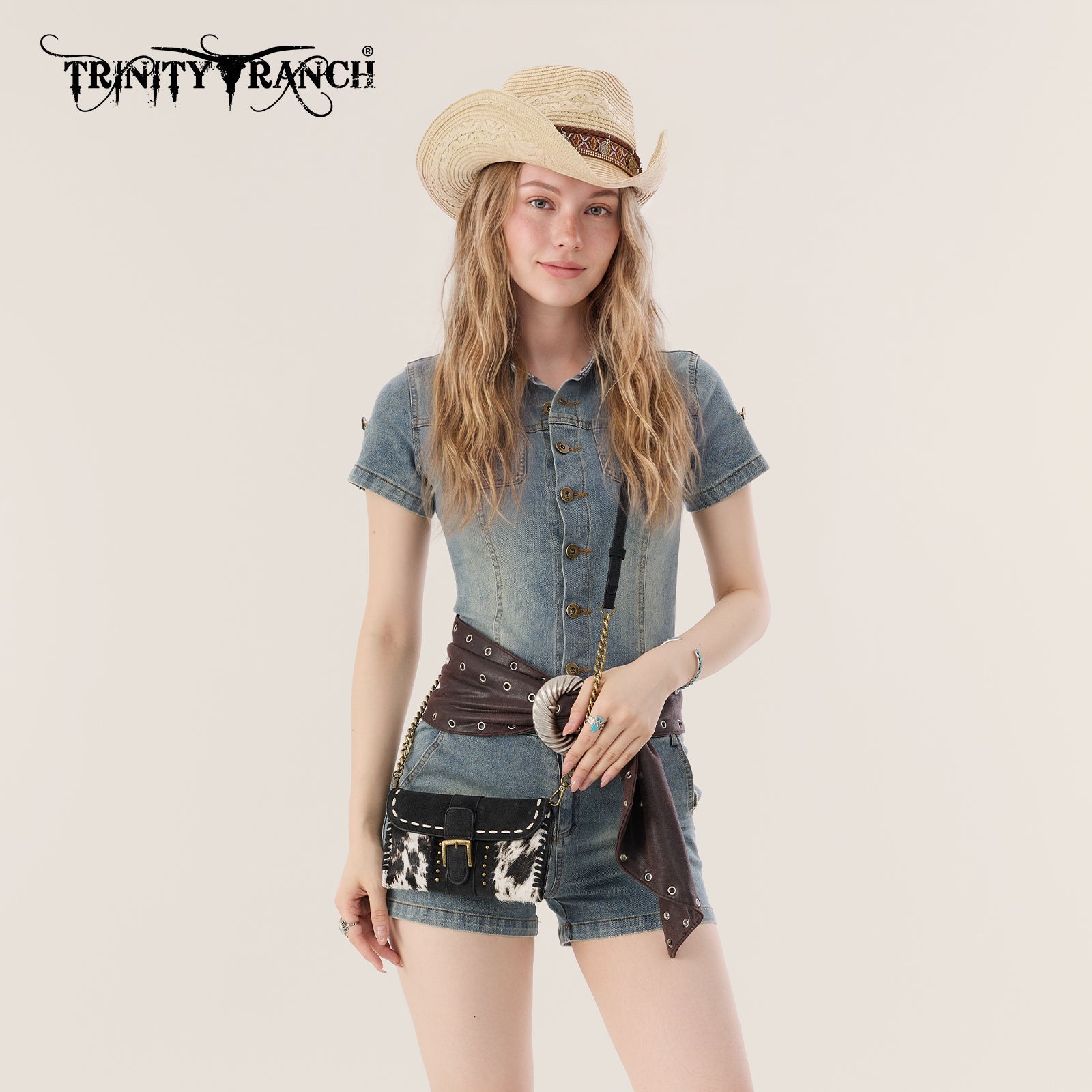 Trinity Ranch Western Cowhide Buckle Crossbody Wallet Bag