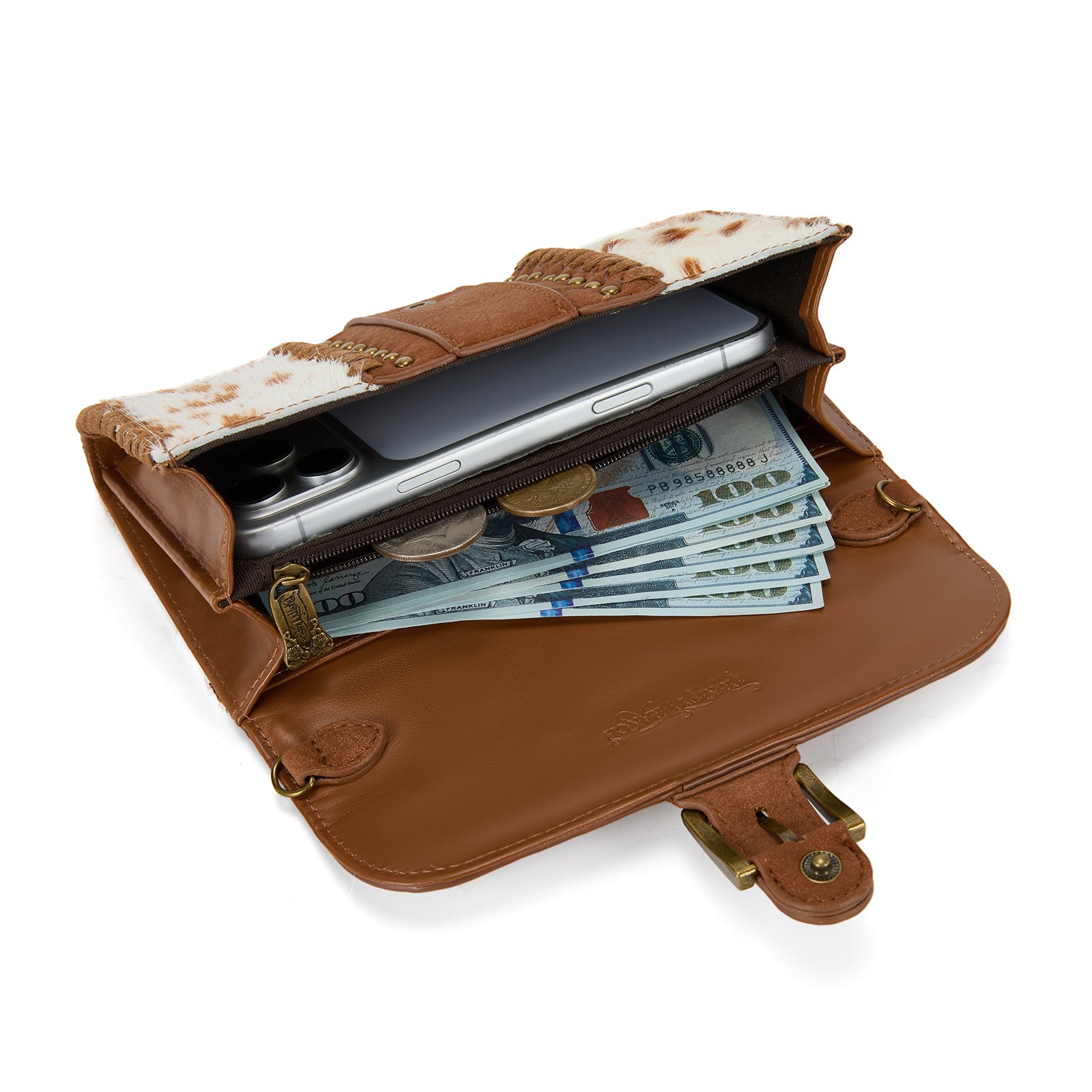 Trinity Ranch Western Cowhide Buckle Crossbody Wallet Bag