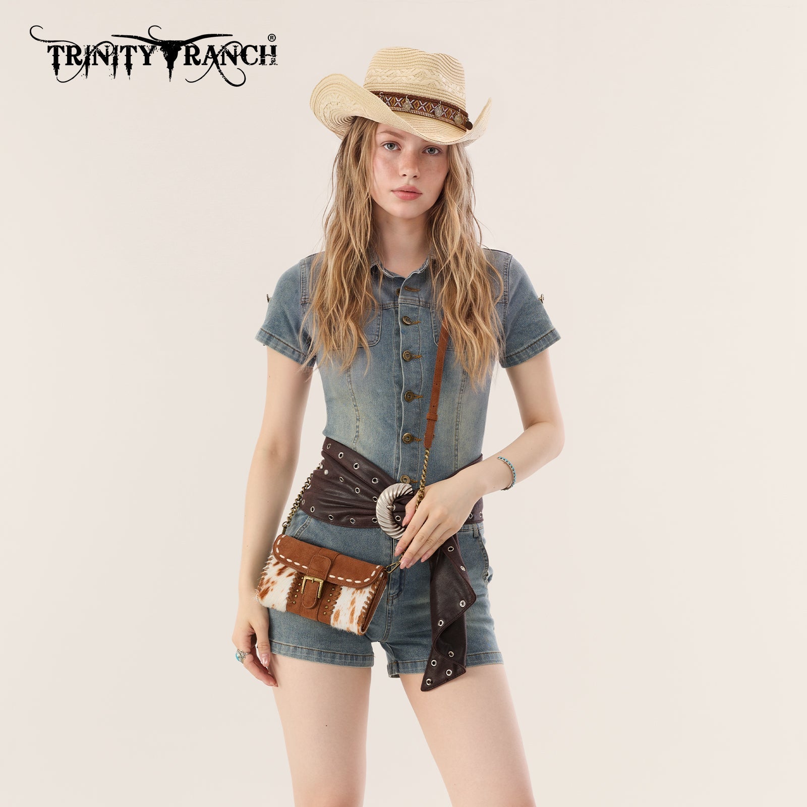 Trinity Ranch Western Cowhide Buckle Crossbody Wallet Bag
