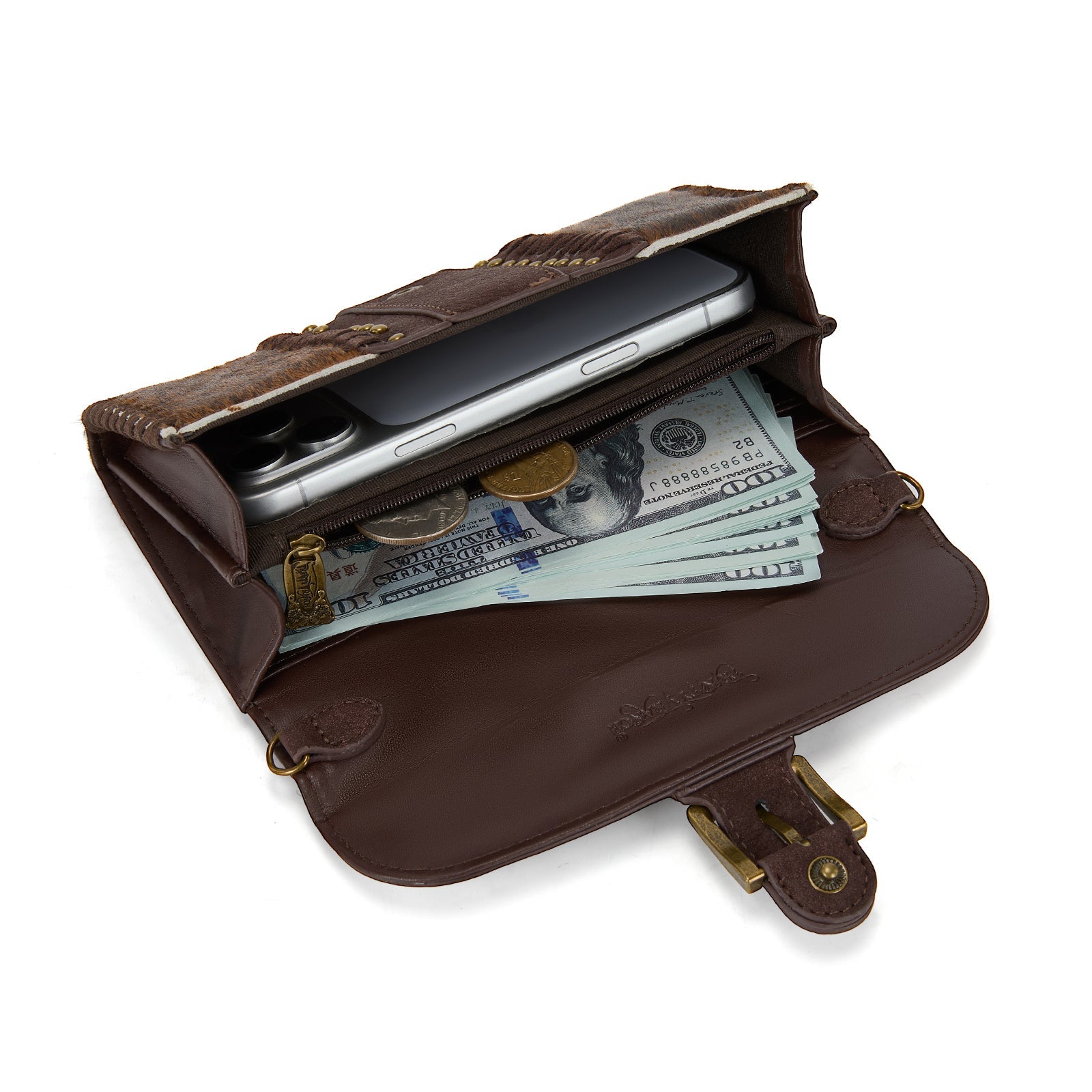 Trinity Ranch Western Cowhide Buckle Crossbody Wallet Bag