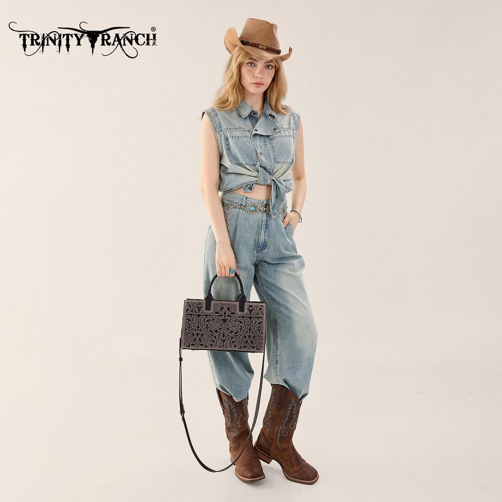 Trinity Ranch Floral Tooled Leather Western Satchel Tote Bag