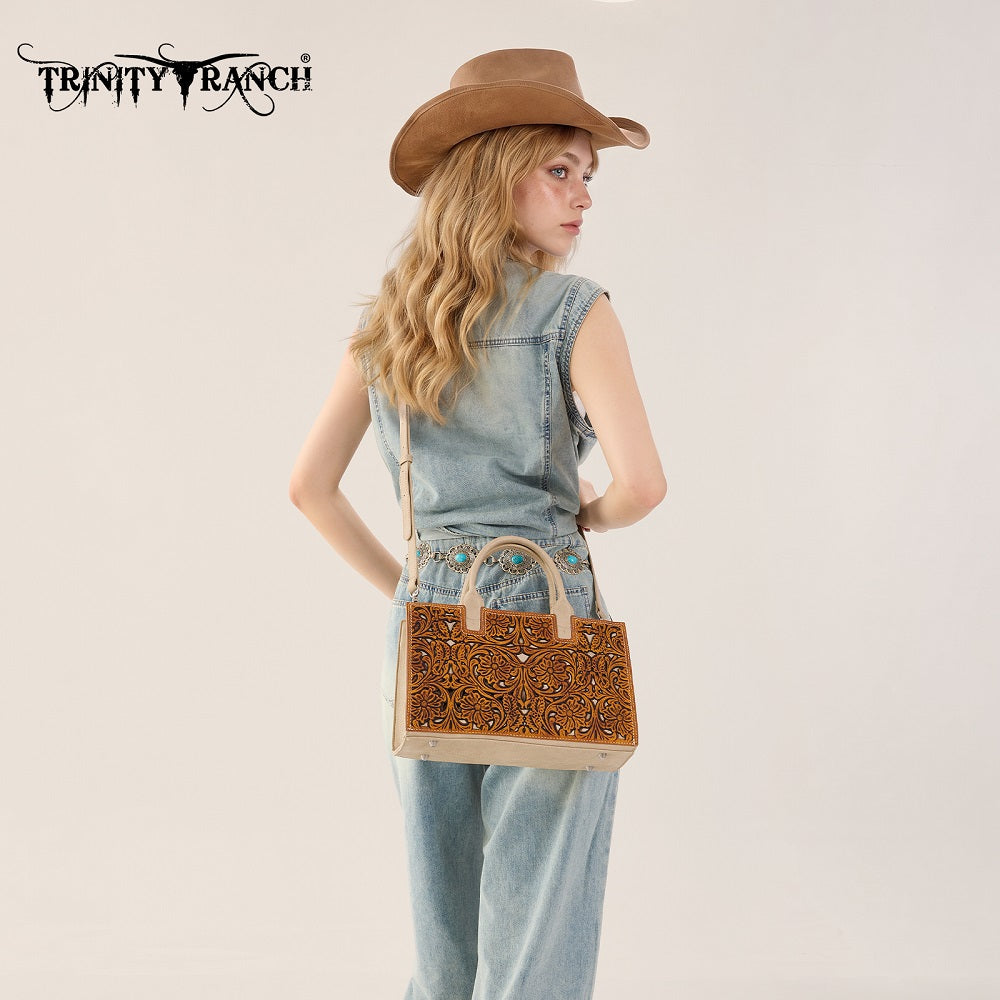 Trinity Ranch Floral Tooled Leather Western Satchel Tote Bag