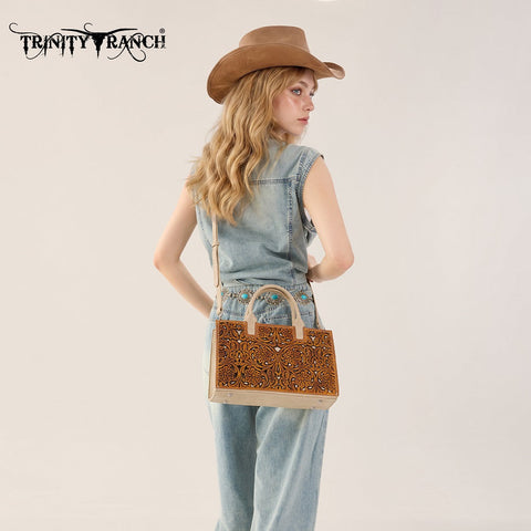 Trinity Ranch Floral Tooled Leather Western Satchel Tote Bag