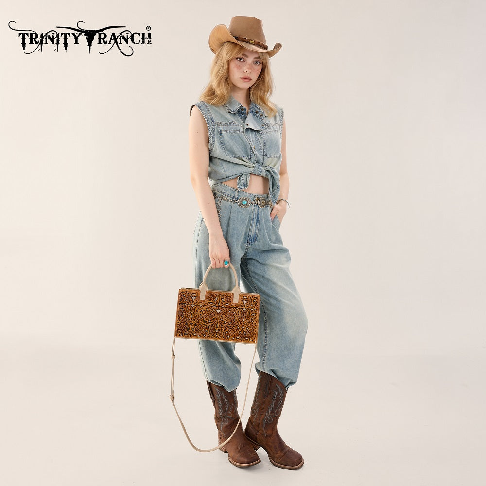 Trinity Ranch Floral Tooled Leather Western Satchel Tote Bag