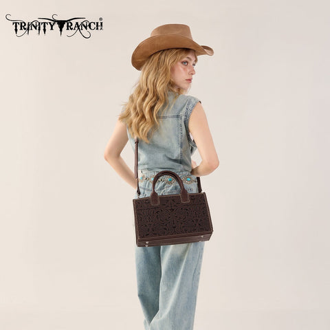 Trinity Ranch Floral Tooled Leather Western Satchel Tote Bag