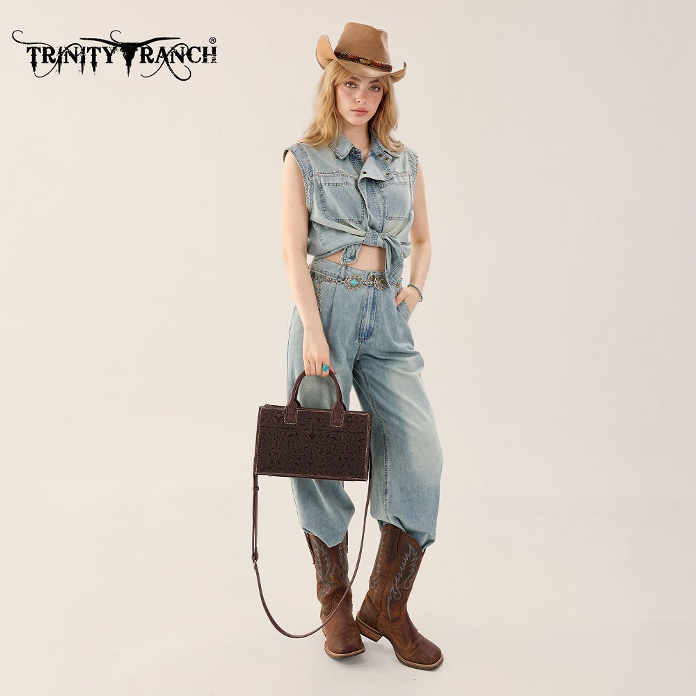 Trinity Ranch Floral Tooled Leather Western Satchel Tote Bag