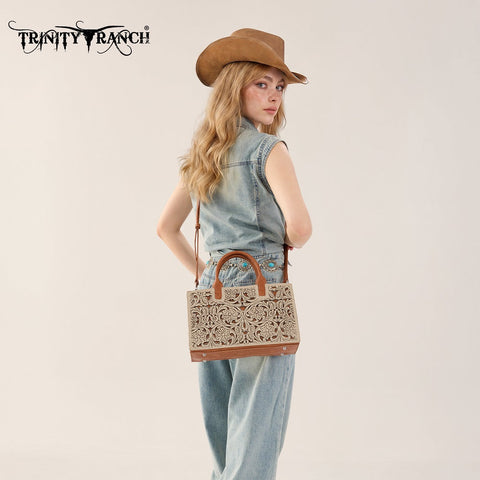 Trinity Ranch Floral Tooled Leather Western Satchel Tote Bag