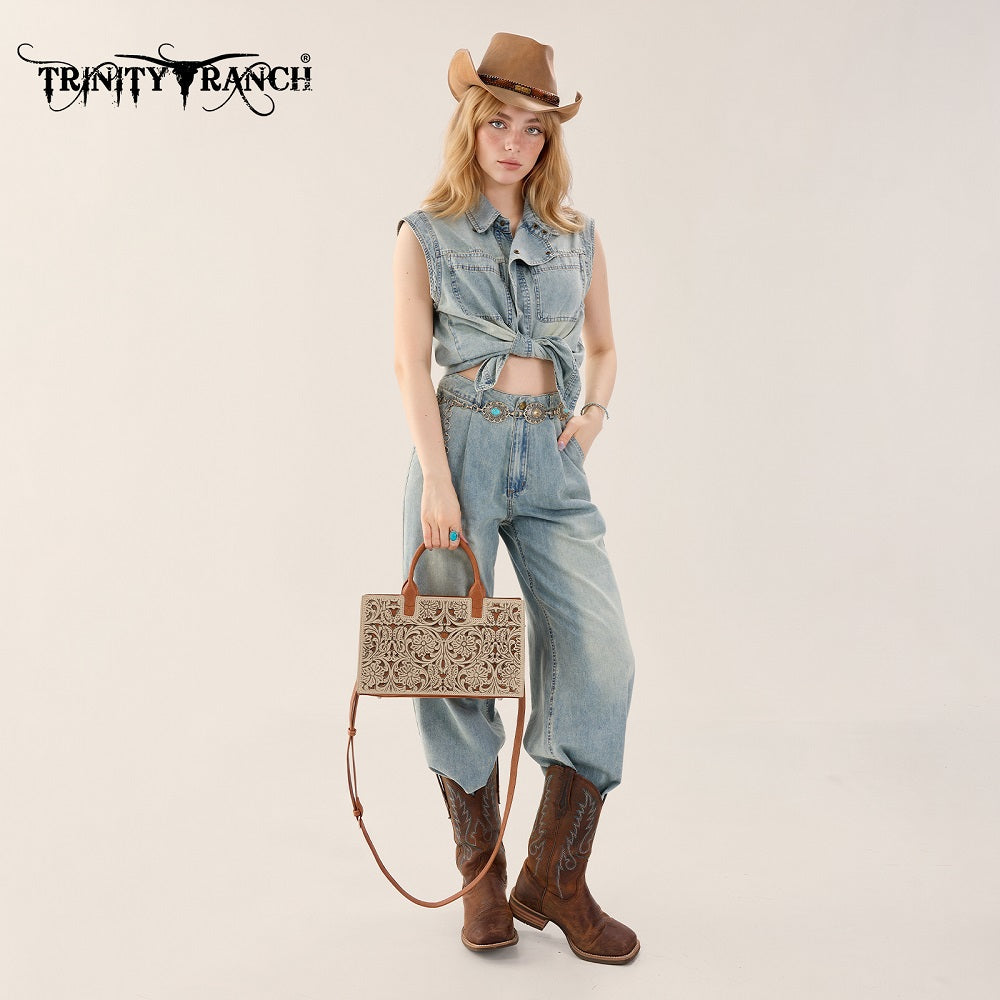 Trinity Ranch Floral Tooled Leather Western Satchel Tote Bag
