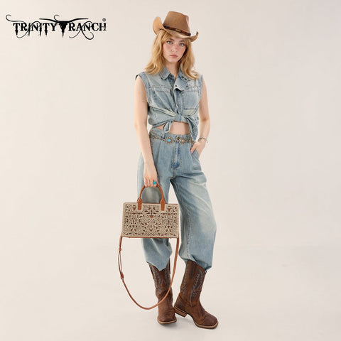 Trinity Ranch Floral Tooled Leather Western Satchel Tote Bag