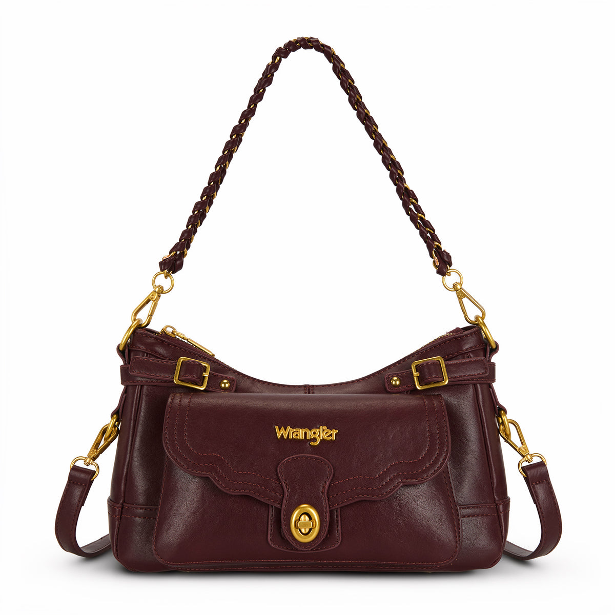 Wrangler Burgundy Shoulder Bag with Chain Strap & Turn-Lock Front Pocket