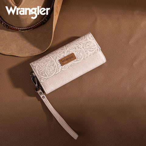 Wrangler Western Floral Tooled Tri-fold RFID Wallet/Wristlet