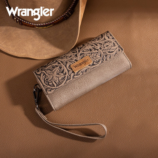 Wrangler Western Floral Tooled Tri-fold RFID Wallet/Wristlet