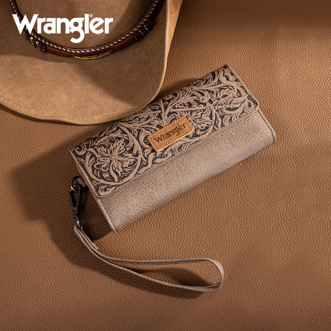 Wrangler Western Floral Tooled Tri-fold RFID Wallet/Wristlet