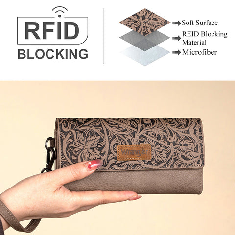 Wrangler Western Floral Tooled Tri-fold RFID Wallet/Wristlet