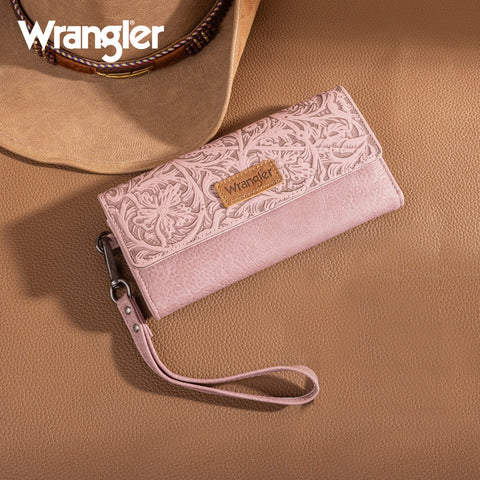 Wrangler Western Floral Tooled Tri-fold RFID Wallet/Wristlet