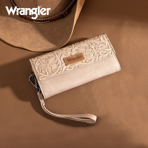 Wrangler Western Floral Tooled Tri-fold RFID Wallet/Wristlet