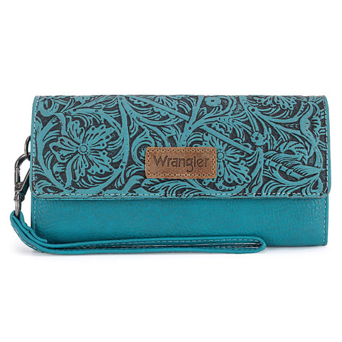 Wrangler Western Floral Tooled Tri-fold RFID Wallet/Wristlet