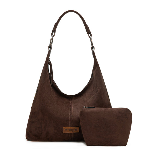 Wrangler Suede Hobo Purse for Women Embossed Soft Slouchy Shoulder Bag 2Pcs Set