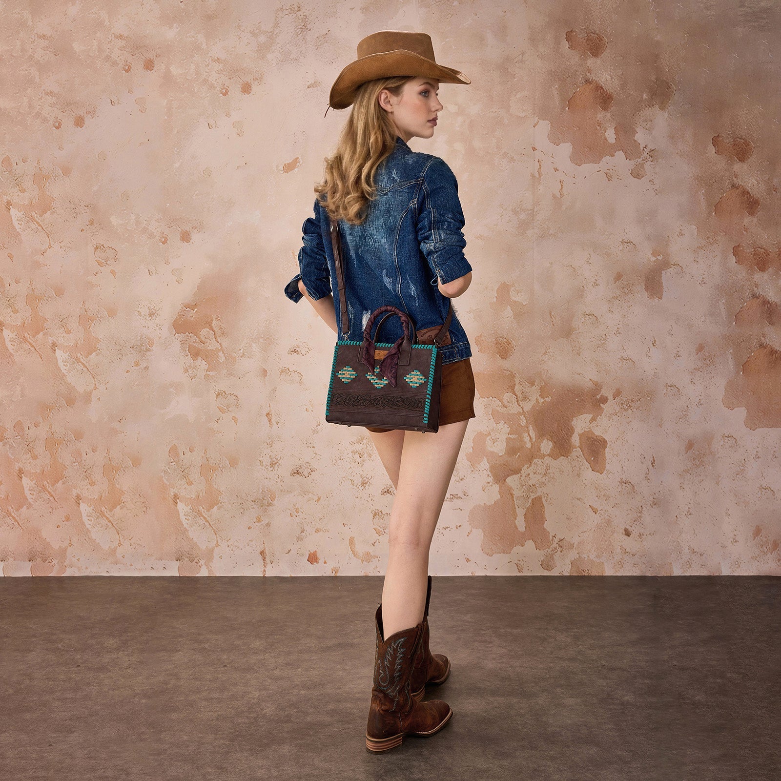Wrangler Whipstitch Aztec Satchel/Crossbody with Scarf Handle