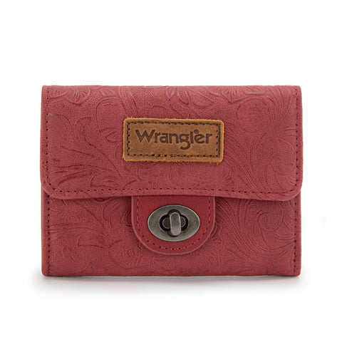 Wrangler Floral Embossed RFID Trifold Wallet Burgundy