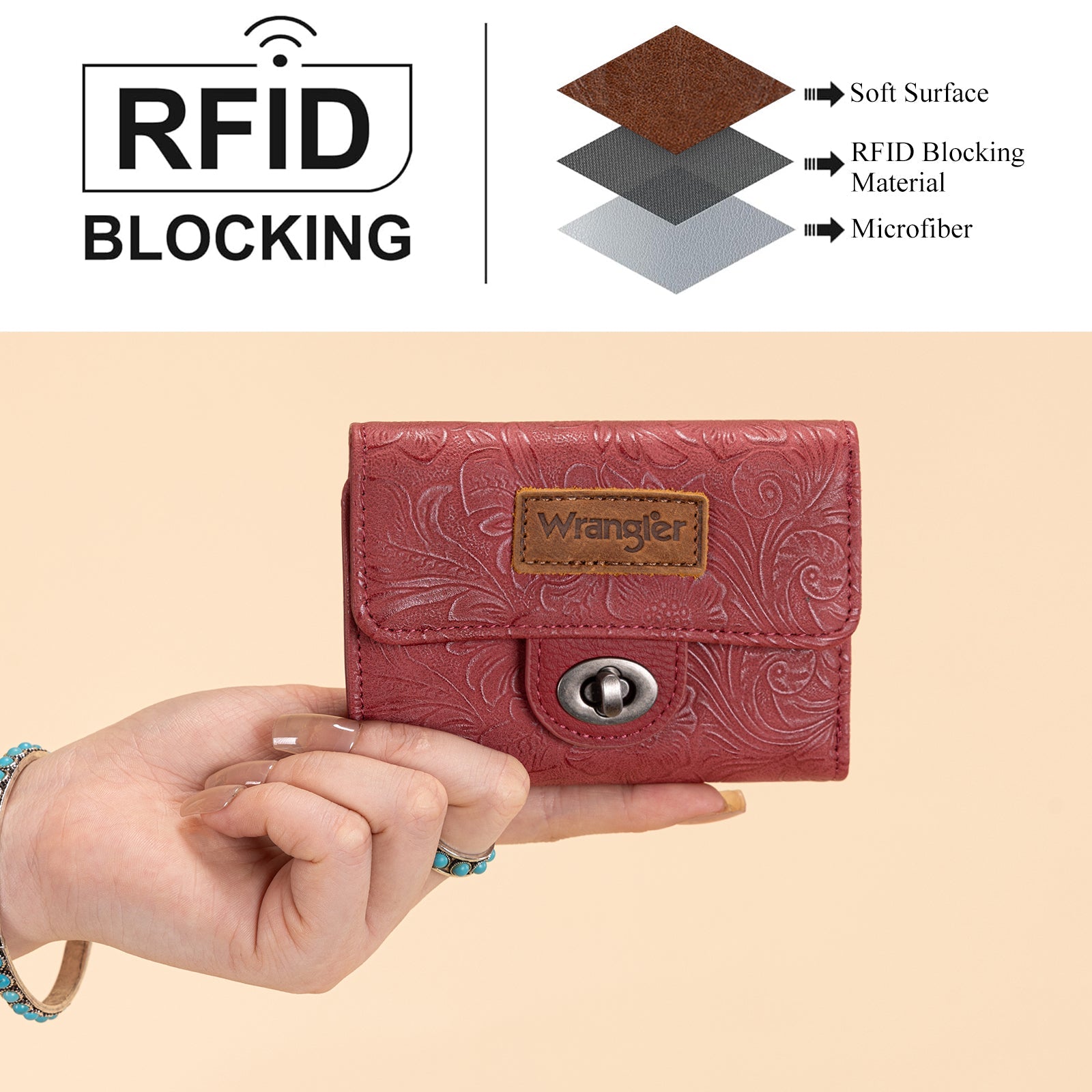 Wrangler Floral Embossed RFID Trifold Wallet Burgundy