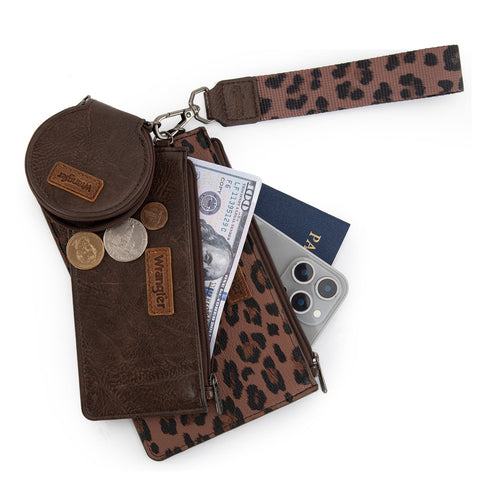 Wrangler Leopard Print Dual Pouch Wristlet with Zipper Round Case
