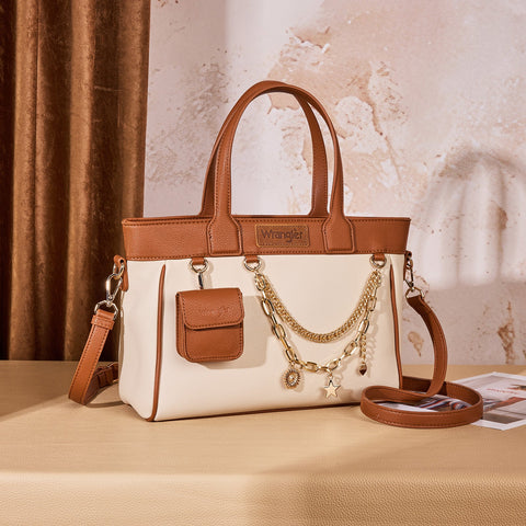 Wrangler Color Block Tote with Chain Charm & Mini Pouch