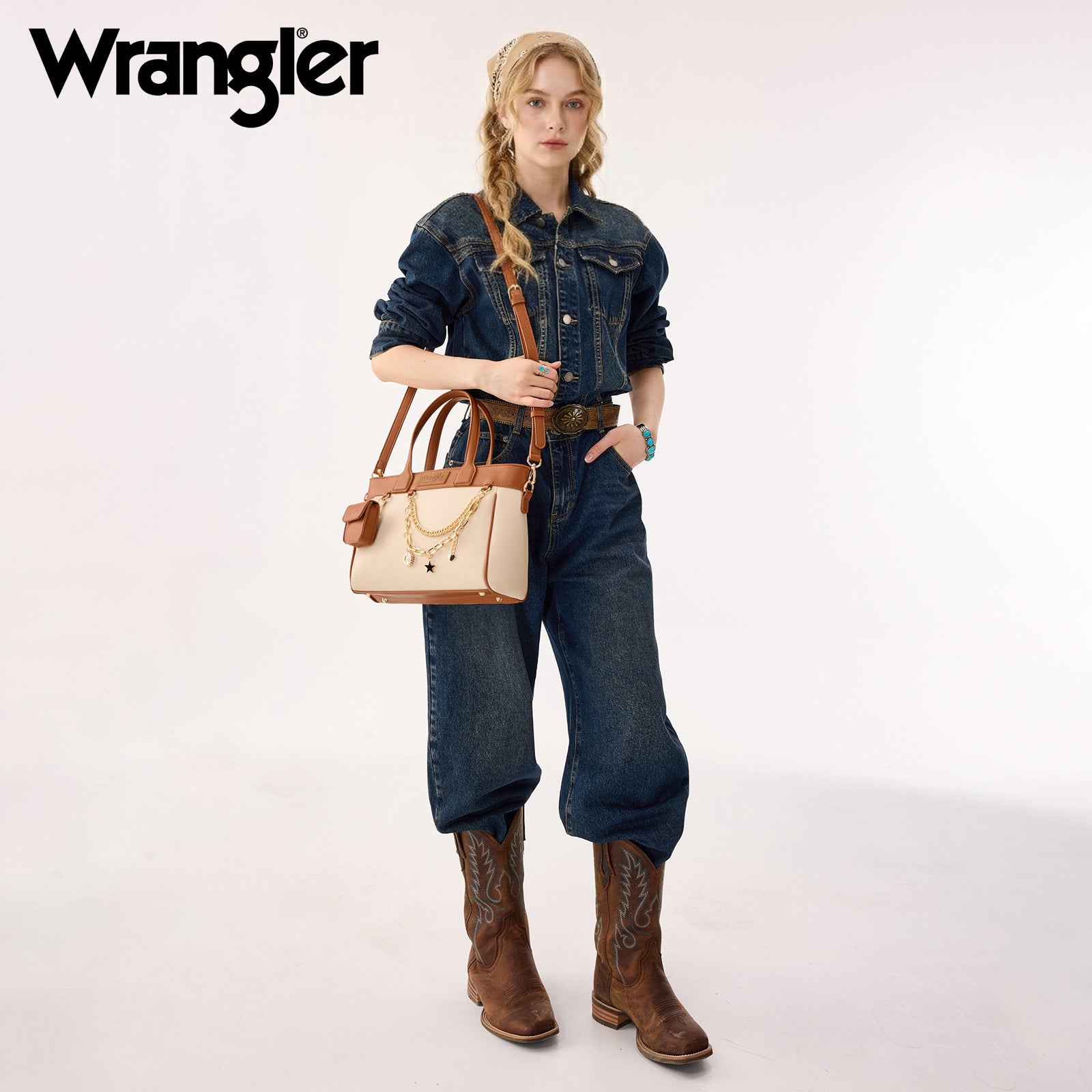 Wrangler Color Block Tote with Chain Charm & Mini Pouch