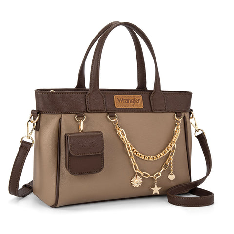 Wrangler Color Block Tote with Chain Charm & Mini Pouch