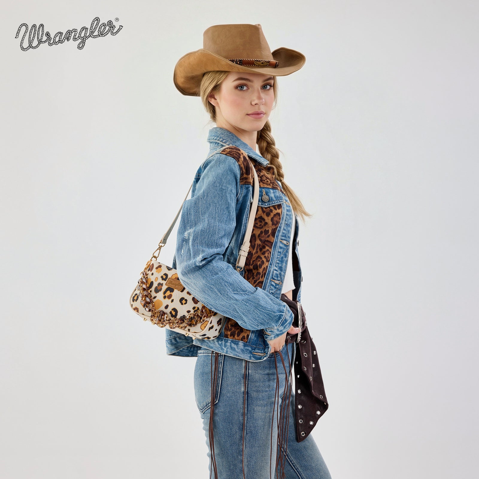 Wrangler Leopard Print Canvas Shoulder Bag with Chain Strap